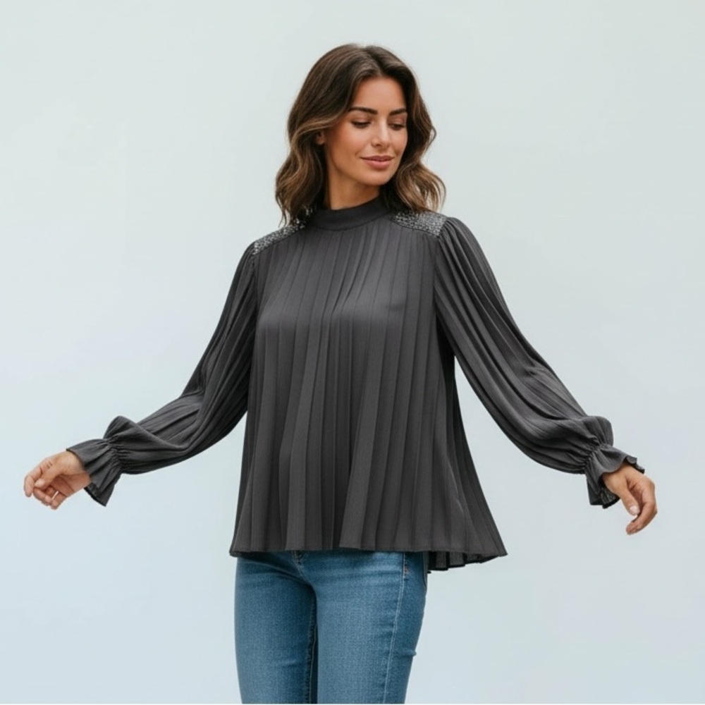 Black Pleated Chiffon Blouse | Lace Detail Mock Neck | Medium Romantic Flowy Top - Picture 9 of 13